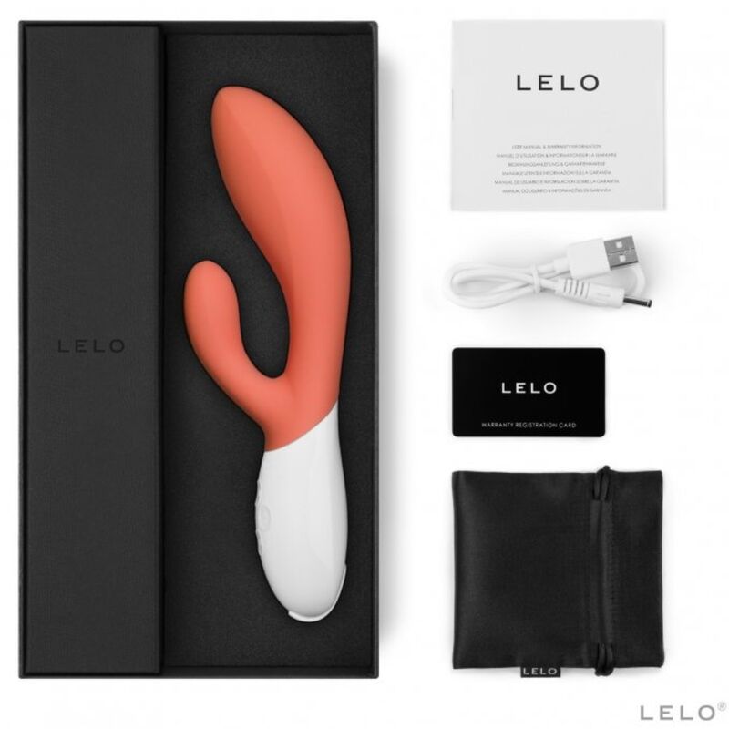 Coffret Lelo Ina 3 corail ouvert avec notice, cable USB, carte de garantie et pochette noire, rabbit double action point G et clitoris en silicone a manche blanc.