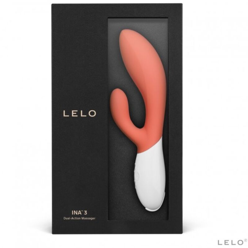 Boite Lelo Ina 3 corail dressee, rabbit a manche blanc sous fenetre, masseur double action point G et clitoris en silicone doux, mention dual action massager.
