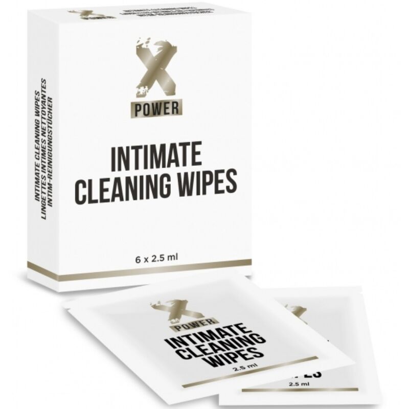 Boite blanche des lingettes nettoyantes intimes Xpower en lot de 6 dosettes avec deux sachets devant, soin rafraichissant au geranium et calendula format poche