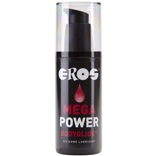 Flacon noir Eros Mega Power Bodyglide silicone avec pompe airless, goutte rouge, lubrifiant concentre dense neutre incolore a glisse longue duree