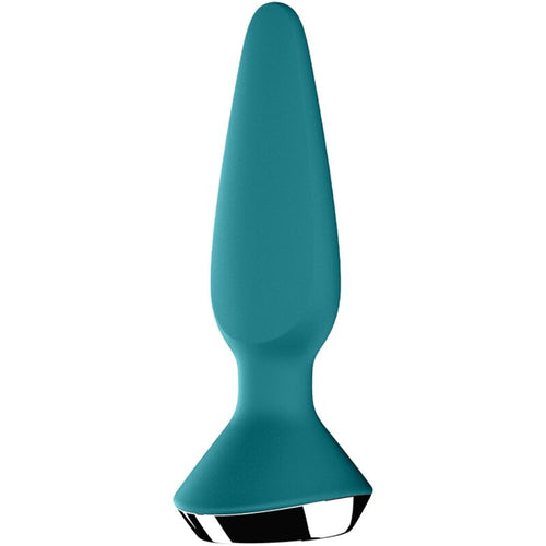Plug anal Plug-ilicious bleu canard debout, corps conique lisse en silicone et embase chromée évasée, plug vibrant connecté Satisfyer pour l'exploration anale.