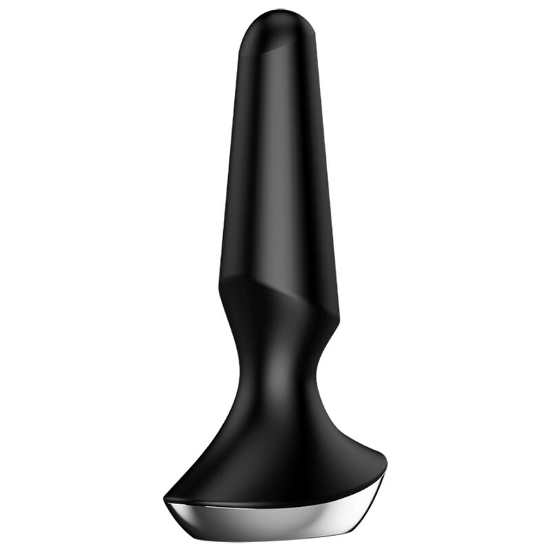 Plug anal Plug-ilicious noir debout, corps conique lisse en silicone et embase chromée stable, plug vibrant connecté Satisfyer pour une découverte anale en douceur.