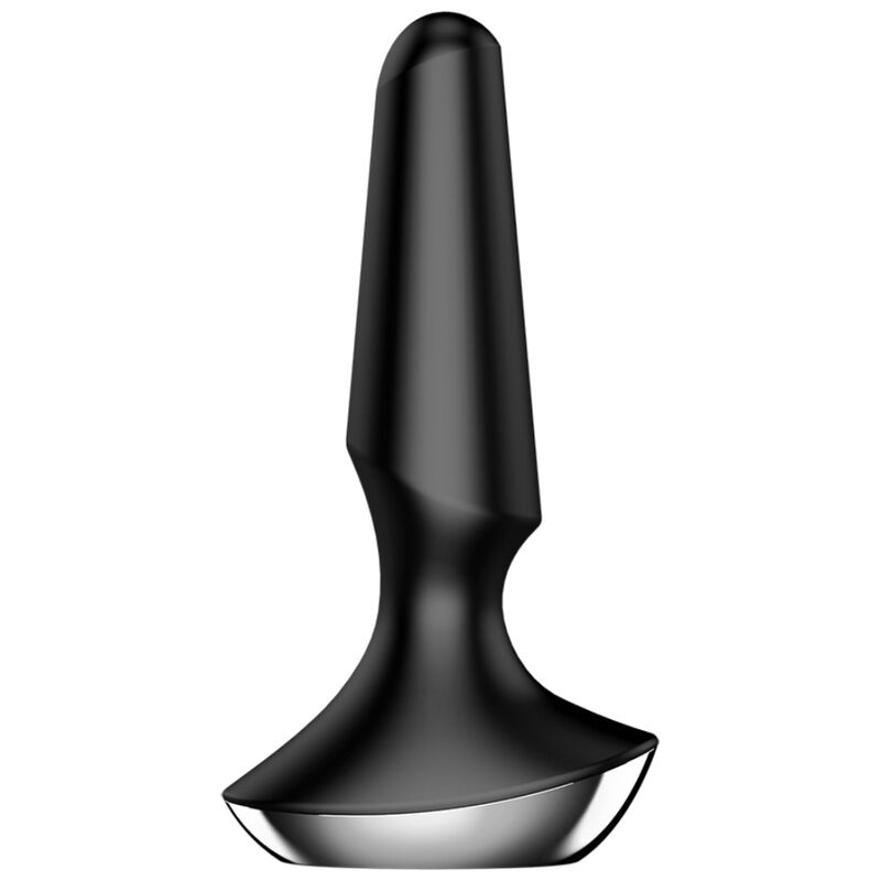 Plug anal Satisfyer Plug-ilicious noir vu de profil, cône effilé en silicone et base métallisée large, plug vibrant connecté à l'app gratuite, étanche IPX7.