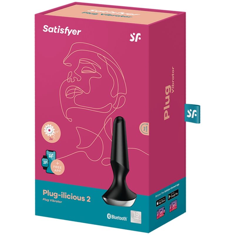 Boîte framboise du Satisfyer Plug-ilicious 2, packaging Plug Vibrator avec illustration au trait stylisée et photo du plug anal noir vibrant connecté Bluetooth.