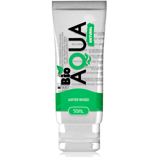 Tube Bio Aqua Natural lubrifiant base eau 50 ml aux ingredients d origine naturelle, packaging transparent a bandeau vert, glisse soyeuse sans frottement