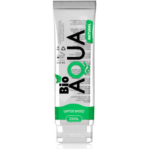 Tube Bio Aqua Natural lubrifiant base eau 200 ml aux ingredients naturels, grand format, etiquette transparente liseret vert, compatible sextoys
