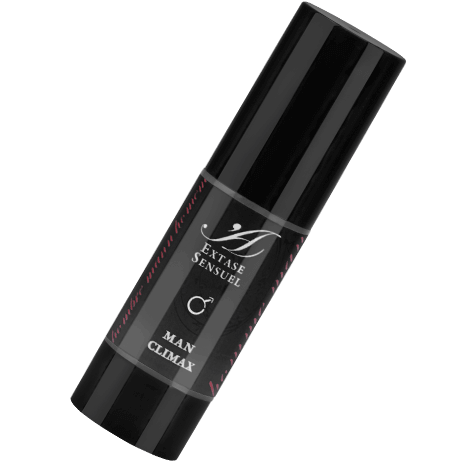 Flacon airless noir Extase Sensual de creme stimulante Man Climax debout, symbole masculin discret, formule oil-free chaud-froid pour intensifier les sensations sur zones erogenes.
