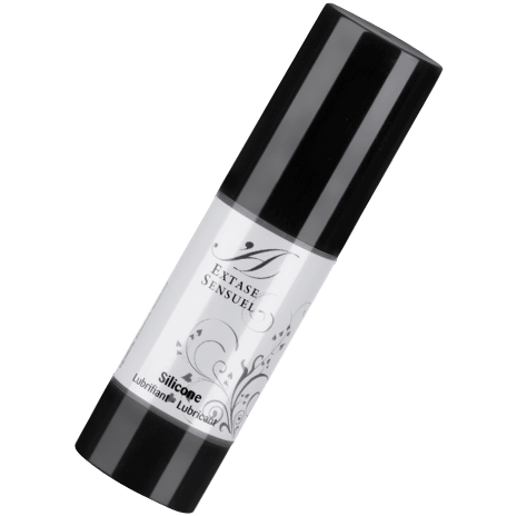 Flacon airless transparent Extase Sensual de lubrifiant base silicone soyeux 30 ml, capuchon noir couche au sol, glisse longue duree resistante a l'eau, format unisexe compact.