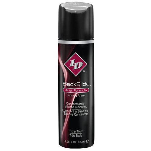 Flacon ID BackSlide 85 ml noir et bordeaux, lubrifiant silicone concentre pour jeu anal, texture epaisse longue tenue vue de face