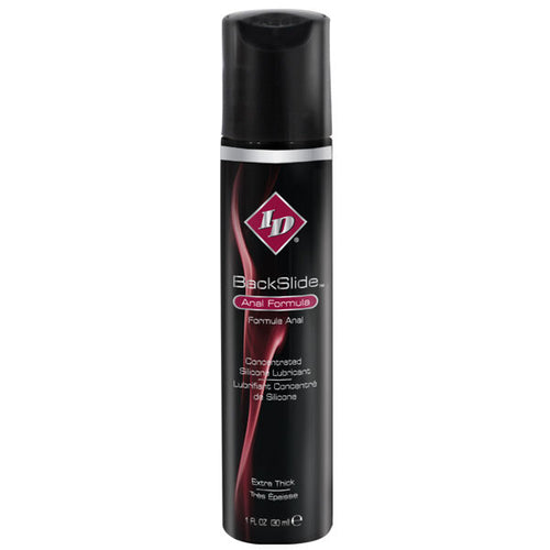 Flacon ID BackSlide Anal Formula noir de face, lubrifiant silicone anal concentre extra epais, glisse longue duree au spilanthes sans glycerine