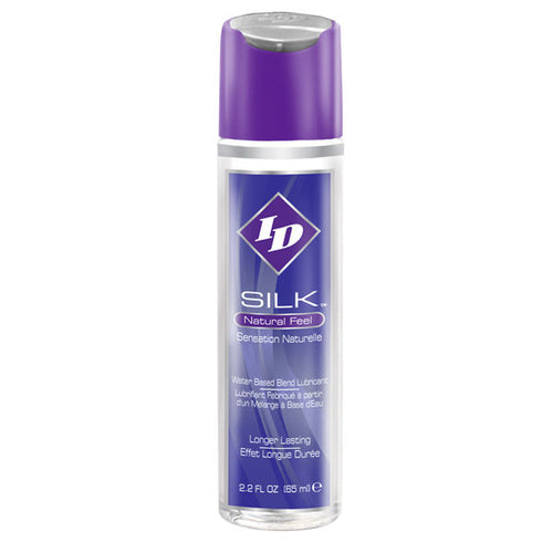 Flacon ID Silk 85 ml a bouchon violet, lubrifiant hybride eau et silicone soyeux longue duree, motif vague bleu et violet vue de face
