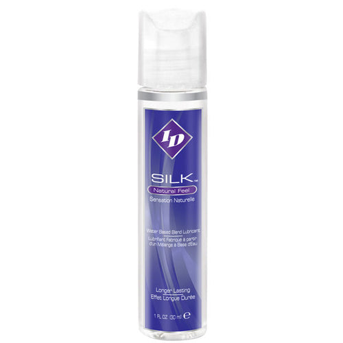 Flacon ID Silk 30 ml transparent a bouchon argente, lubrifiant hybride eau et silicone longue tenue, etiquette violette sensation naturelle de face