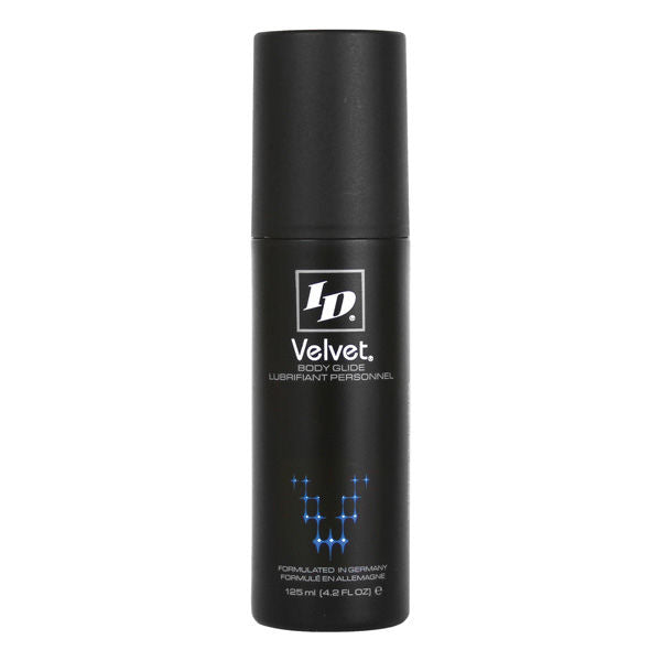 Grand flacon ID Velvet Body Glide noir 125 ml, lubrifiant silicone veloute longue tenue pour peaux sensibles, motif fleche points bleus de face