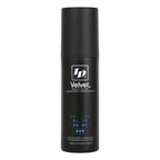 Grand flacon ID Velvet Body Glide noir 125 ml, lubrifiant silicone veloute longue tenue pour peaux sensibles, motif fleche points bleus de face