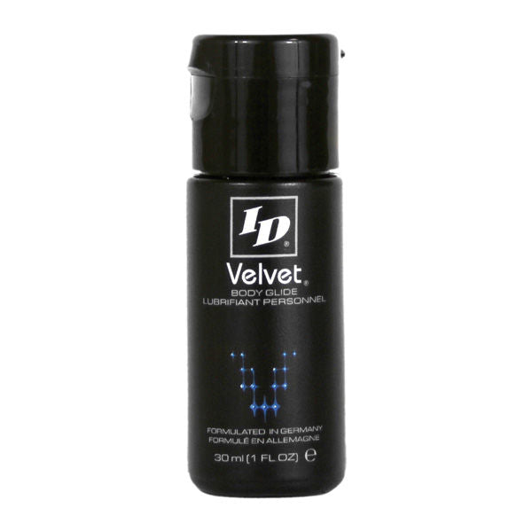 Flacon ID Velvet Body Glide 30 ml noir, lubrifiant silicone veloute enveloppant pour peaux sensibles, motif points bleus formule allemande