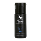 Flacon ID Velvet Body Glide 30 ml noir, lubrifiant silicone veloute enveloppant pour peaux sensibles, motif points bleus formule allemande