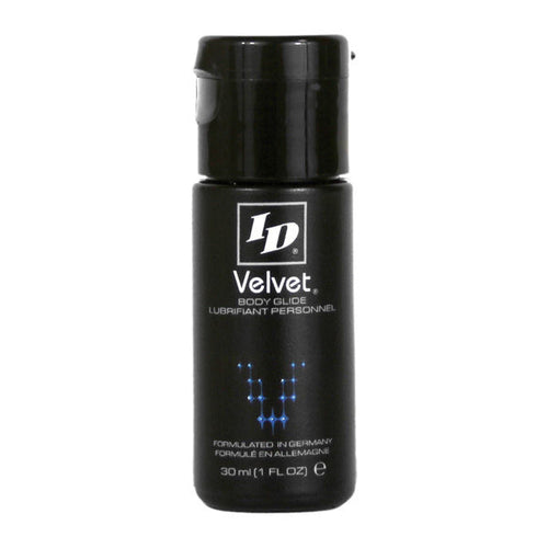 Flacon ID Velvet Body Glide 30 ml noir, lubrifiant silicone veloute enveloppant pour peaux sensibles, motif points bleus formule allemande