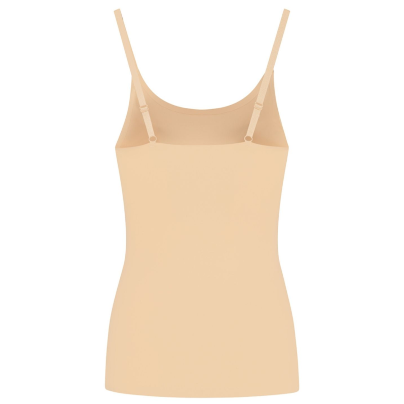 Debardeur Bye Bra Light Control beige presente a plat de face, microfibre jersey extensible et bretelles fines, contrôle leger pour effacer les marques sous les vêtements