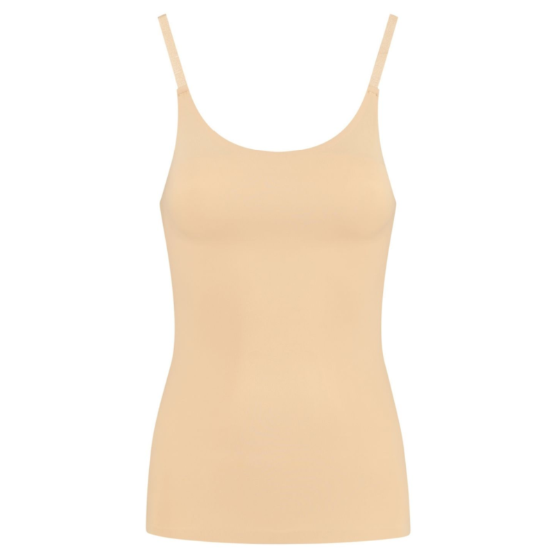 Debardeur Bye Bra Light Control beige presente a plat de face, microfibre jersey douce et bretelles fines, contrôle leger invisible sous les vêtements ajustes du quotidien