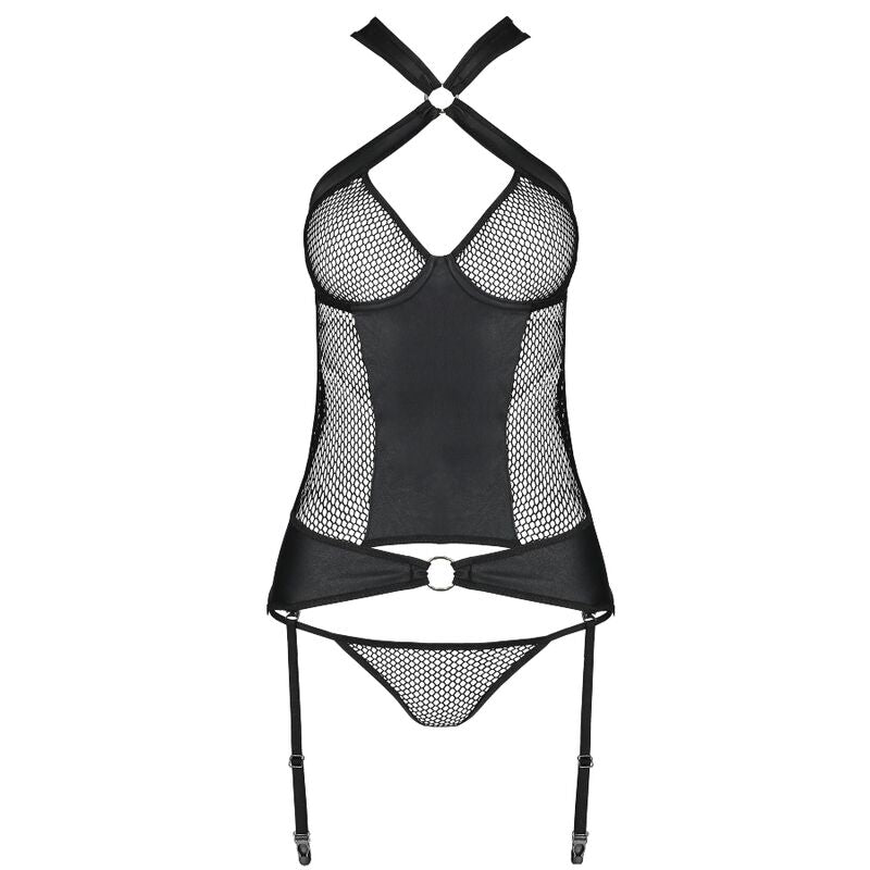 Corset Amanda Passion présenté à plat, bustier maille résille et cuir écologique avec string et attaches métal, lingerie structurée fabrication européenne.