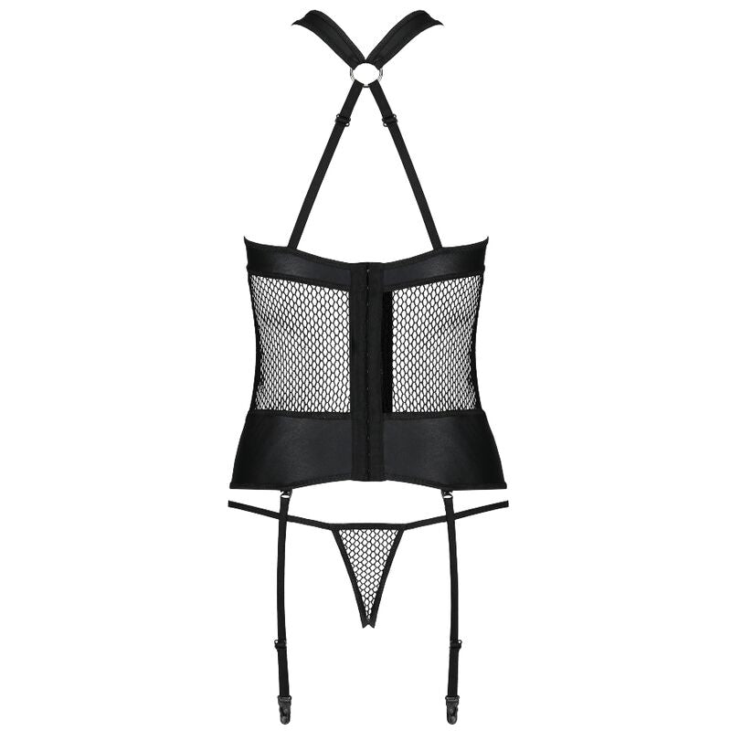 Corset Amanda Passion vu de dos à plat, laçage central, panneaux maille et string assorti, lingerie cuir écologique affinant la taille.