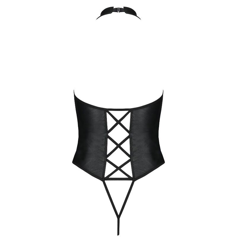 Body Nancy cuir écologique noir à plat, laçage central et tour de cou, lingerie épurée Passion polyuréthane polyester mate.