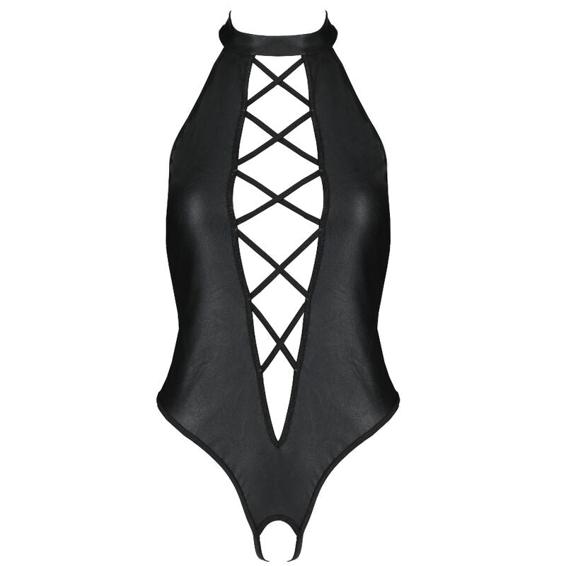 Body Nancy Passion présenté à plat déplié, devant lacé en croix, tour de cou et ouverture entrejambe, lingerie cuir écologique noir.