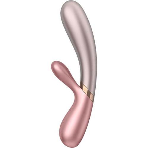 Rabbit Hot Lover rose doré vu sous un autre angle, tige courbée à liseré doré et oreille clitoridienne en silicone, vibromasseur chauffant connecté Satisfyer.