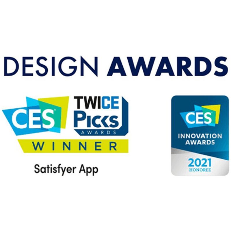 Visuel de prix Design Awards CES Twice Picks Winner et CES Innovation 2021 dedie a l'application Satisfyer, vignette de recompenses sans produit visible au centre