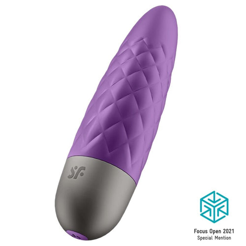 Mini vibromasseur clitoridien Satisfyer Ultra Power Bullet 5 violet en silicone, design matelasse volumineux et embase argentee, vibrations profondes et puissantes