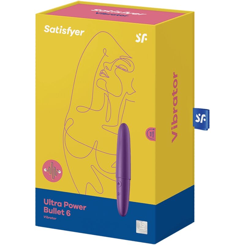 Boîte jaune du Satisfyer Ultra Power Bullet 6, packaging Vibrator avec illustration au trait épurée et photo du mini bullet violet vibrant compact.