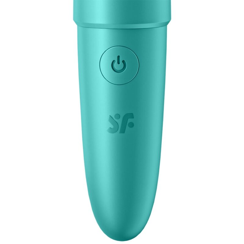 Bullet Ultra Power 6 turquoise debout, petit stimulateur cylindrique en silicone avec bouton de commande et logo Satisfyer, vibrateur de poche puissant et discret.