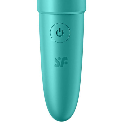 Bullet Ultra Power 6 turquoise debout, petit stimulateur cylindrique en silicone avec bouton de commande et logo Satisfyer, vibrateur de poche puissant et discret.
