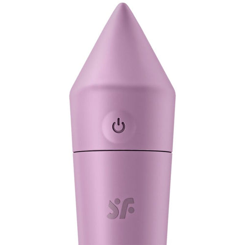 Satisfyer Ultra Power Bullet 8 rose vu de face, pointe conique en silicone et bouton central, mini vibromasseur clitoridien pilotable via une application gratuite