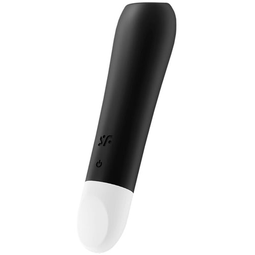 Mini vibromasseur bullet Satisfyer Ultra Power noir et blanc a pointe plate en silicone medical, surface lisse et bouton central, vibrations intenses bien ciblees