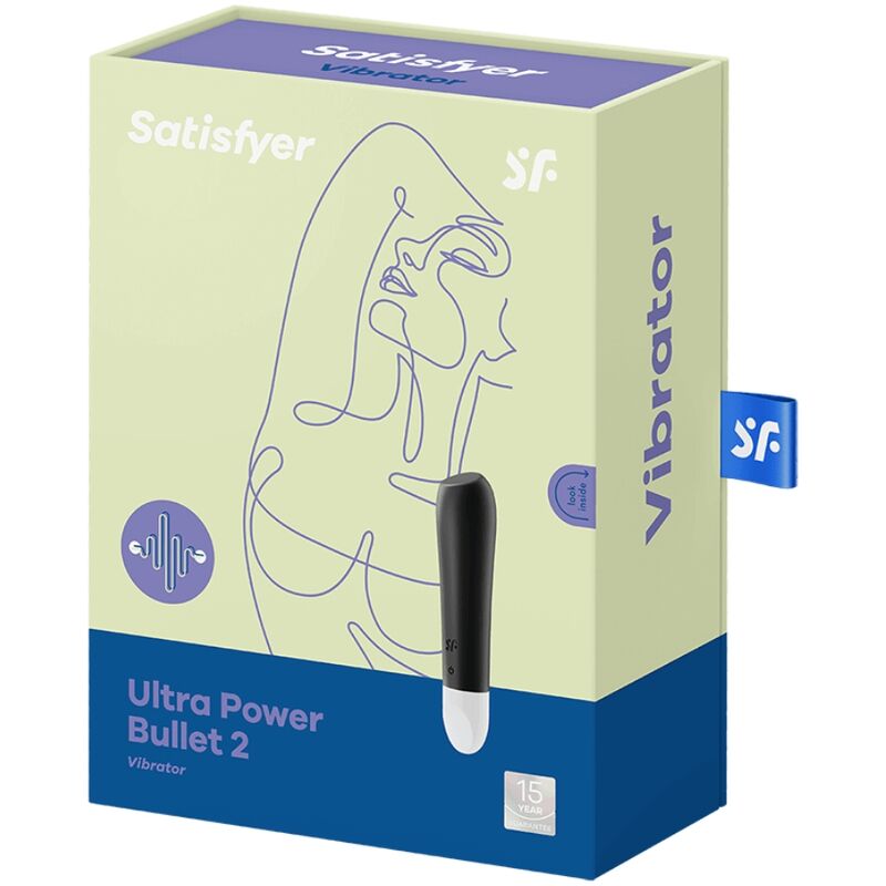 Boite Satisfyer Ultra Power Bullet 2 vert pastel, Vibrator, presentant le mini vibromasseur a pointe plate noir et un visage stylise en line-art sur fond clair
