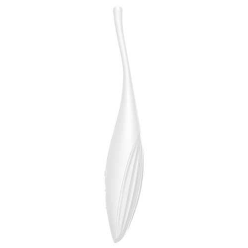 Vibromasseur Satisfyer Twirling Joy blanc translucide a vibrations circulantes, pointe fine effilee en silicone pour stimuler le clitoris, les levres et les mamelons