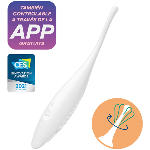 Satisfyer Twirling Joy blanc vu de cote avec ses boutons de commande, vibromasseur a pointe effilee en silicone et vibrations circulantes ciblees et discretes