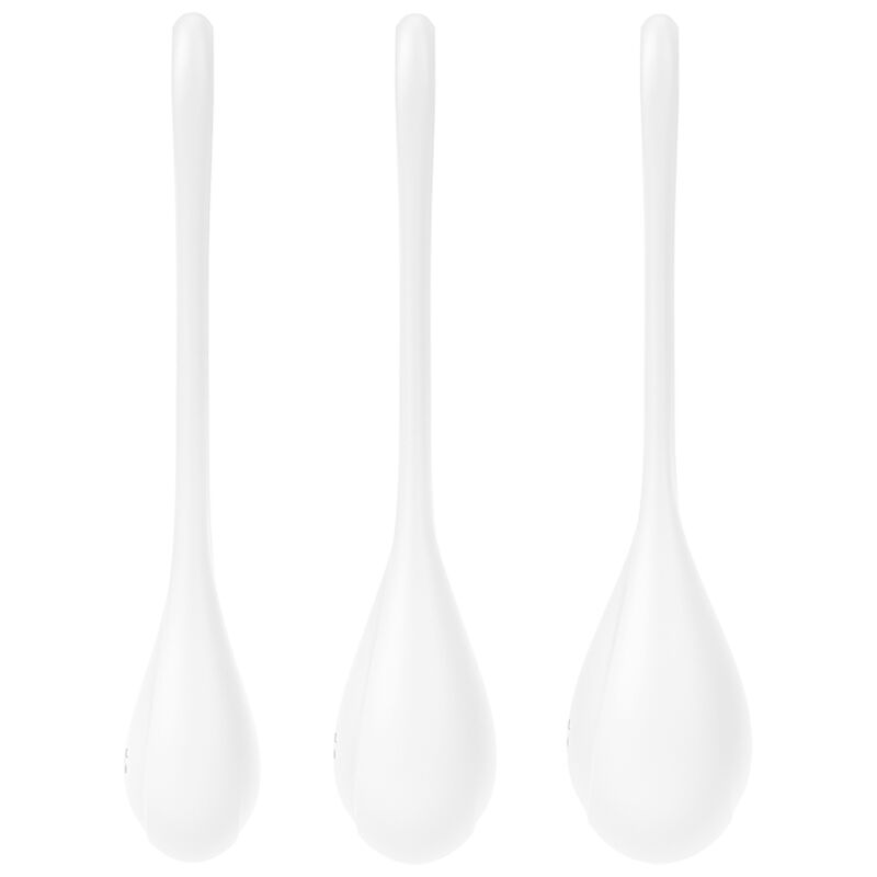 Trois boules de geisha Satisfyer blanches a longs cordons fins, set perineal de poids croissants en silicone doux, exercices reguliers discrets.