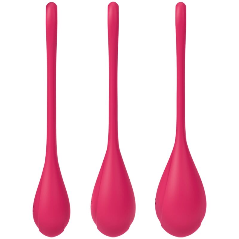 Trois boules de geisha Satisfyer rose framboise alignees, longs cordons de retrait souples, set perineal de poids croissants en silicone.