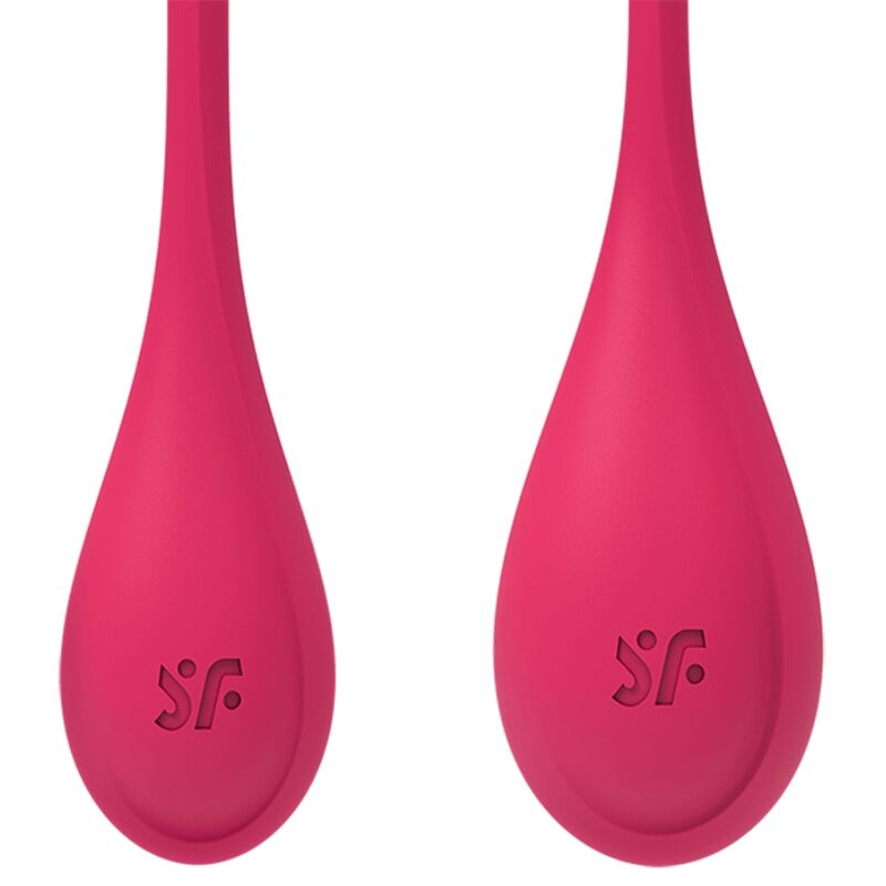 Deux boules de geisha Satisfyer rose framboise en silicone, forme en goutte avec logo SF, exercices pelviens en douceur et discretion.