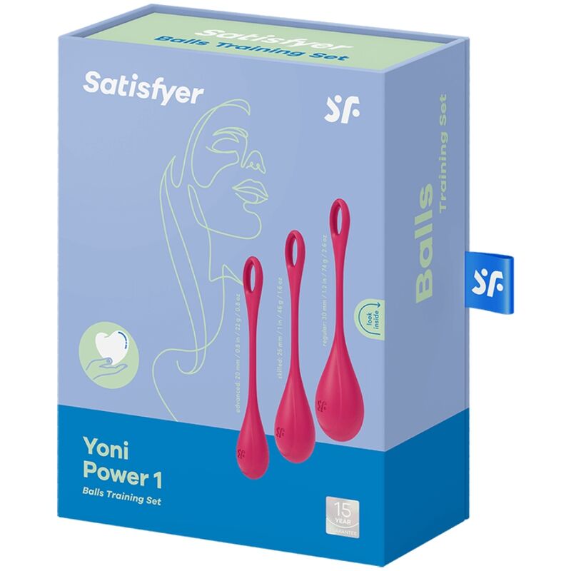 Boite Satisfyer Yoni Power 1 Balls Training Set bleue, illustration de visage au trait et photo des boules de geisha rose en silicone.