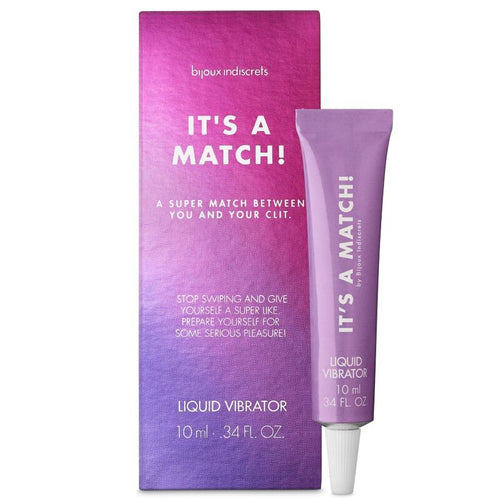 Vibromasseur liquide It's a Match Bijoux Indiscrets, tube applicateur violet et etui degrade, baume stimulant clitoridien liquide 10 ml sur fond blanc