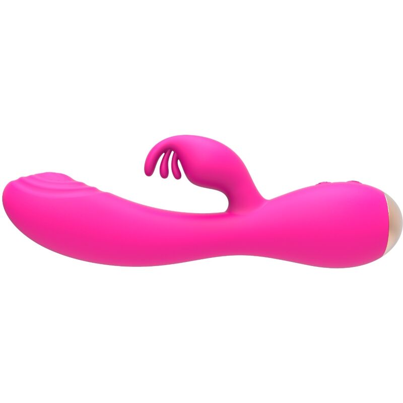 Vibrateur Magic Stick Nalone rose vif vu de profil : tige a triple tete et branche lapin a franges, base doree, 7 modes de vibration pour clitoris et point G.