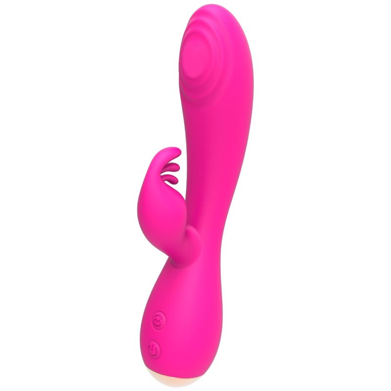 Vibrateur Magic Stick Nalone rose vif vu de trois quarts : tige interne texturee et branche lapin souple en silicone, base doree, etanche et 7 modes.