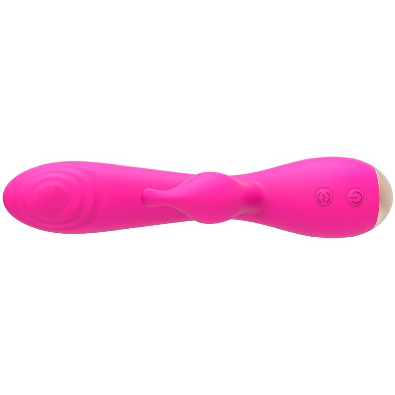 Vibrateur lapin Magic Stick Nalone rose vif a l'horizontale : corps spirale en silicone et branche clitoridienne souple, double moteur et bouchon dore.