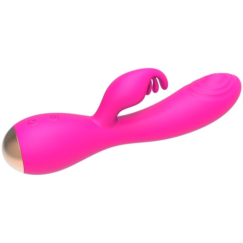 Vibrateur Magic Stick Nalone rose vif couche, base doree a gauche : tige spiralee et branche lapin a franges en silicone, deux moteurs et 7 modes de vibration.