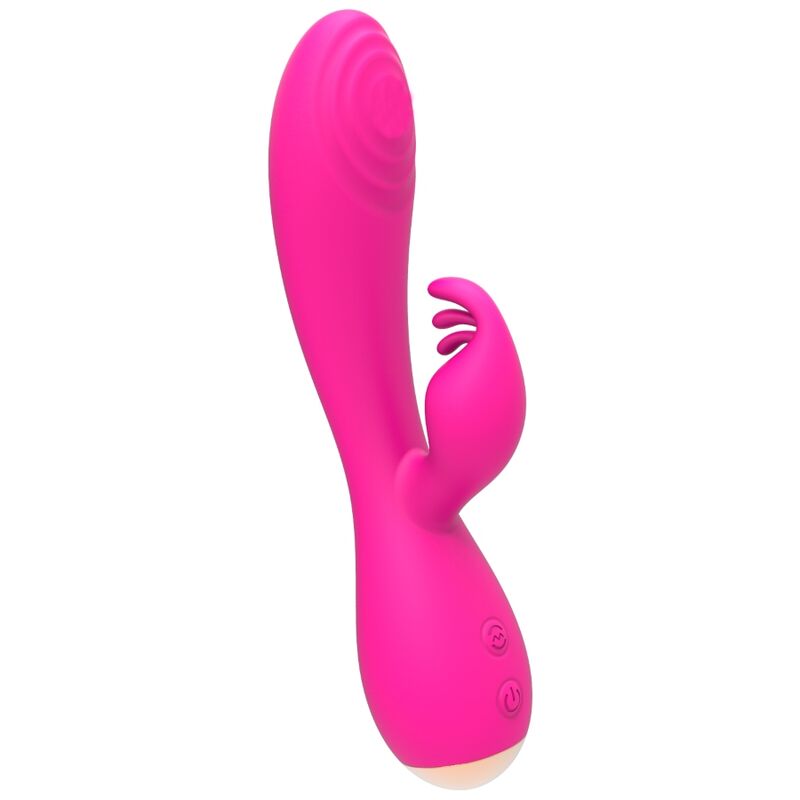 Vibrateur lapin Magic Stick Nalone rose vif debout : tige spiralee et branche clitoridienne a franges, base doree, deux moteurs et 7 modes de vibration.