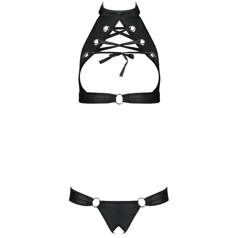 String ouvert cuir écologique Passion à plat, découpe et anneaux décoratifs, lingerie fétichiste polyuréthane noir fabrication européenne.