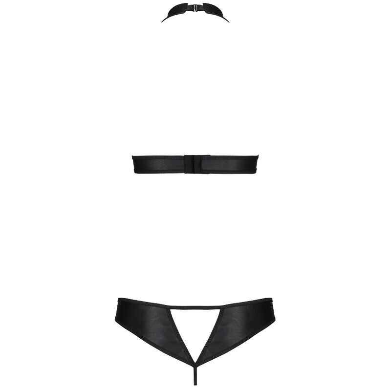Soutien-gorge fétichiste cuir écologique Passion à plat, laçage et tour de cou ajustable, lingerie ouverte noir mat fabrication européenne.
